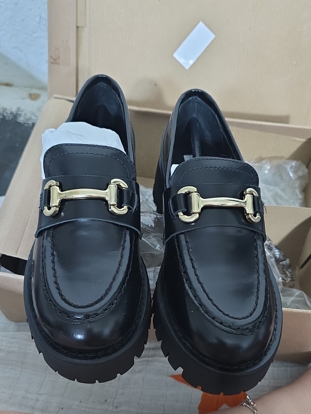 Women's Black Leather Bit Loafers with Gold Hardware